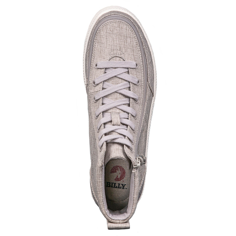 Men's Grey Jersey BILLY Classic Lace Highs shoe close-up, featuring chambray linen upper, rubber outsole, and adjustable cotton-blend laces.