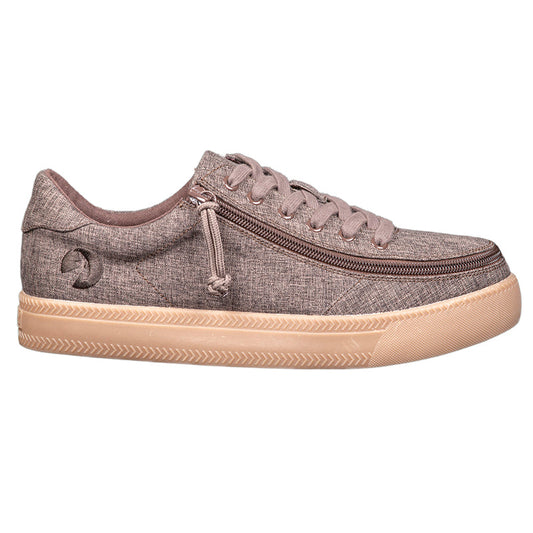 Men's Brown Jersey BILLY Classic Lace Lows, featuring a chambray linen upper and adjustable cotton-blend laces, shown in a close-up highlighting its slip-on design.