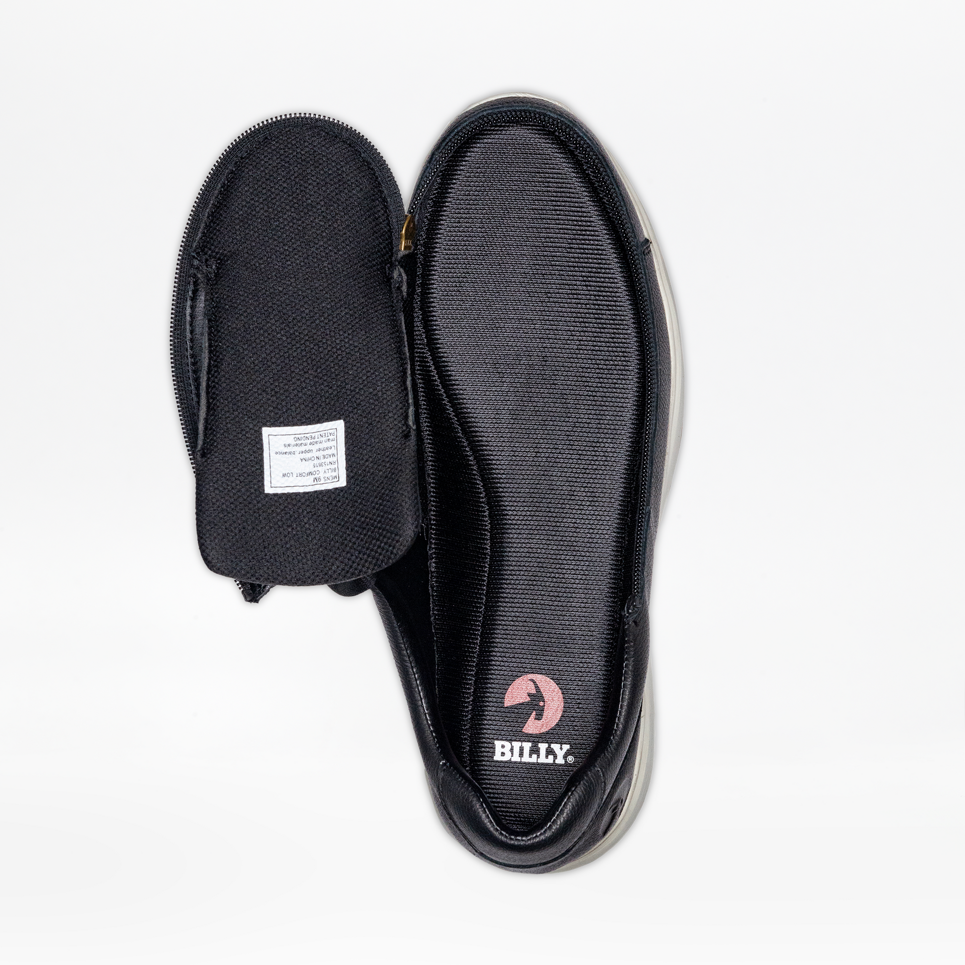Men's Black Leather BILLY Comfort Low shoes with a white sole and wraparound zipper for easy access, designed for effortless wear.