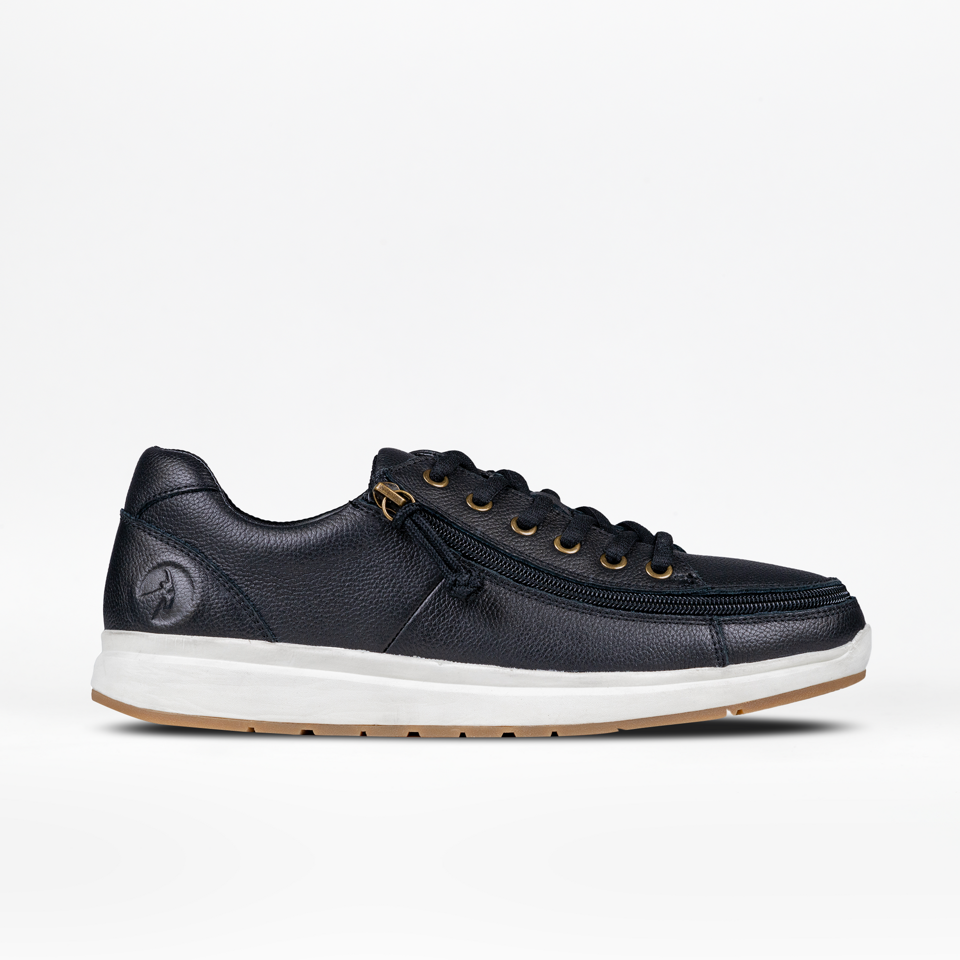 Men's Black Leather BILLY Comfort Low shoe with white sole, featuring a wraparound zipper for easy access and stylish design.