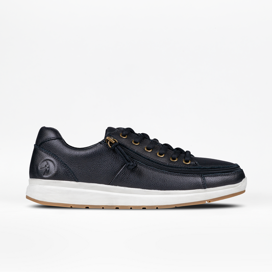Men's Black Leather BILLY Comfort Low shoe with white sole, featuring a wraparound zipper for easy access and stylish design.