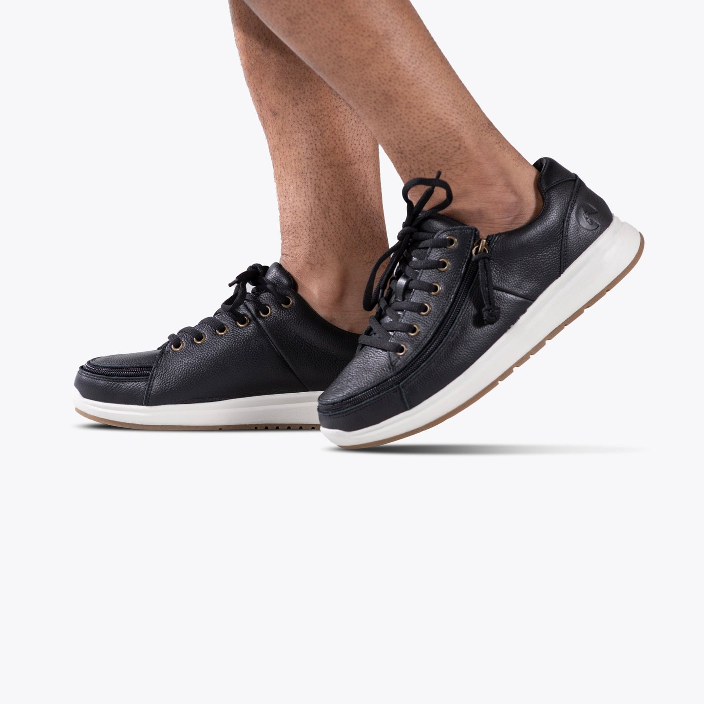 Men's Black Leather BILLY Comfort Low shoes with wraparound zipper, designed for easy wear, featuring a sleek, lace-free design suitable for diverse needs.