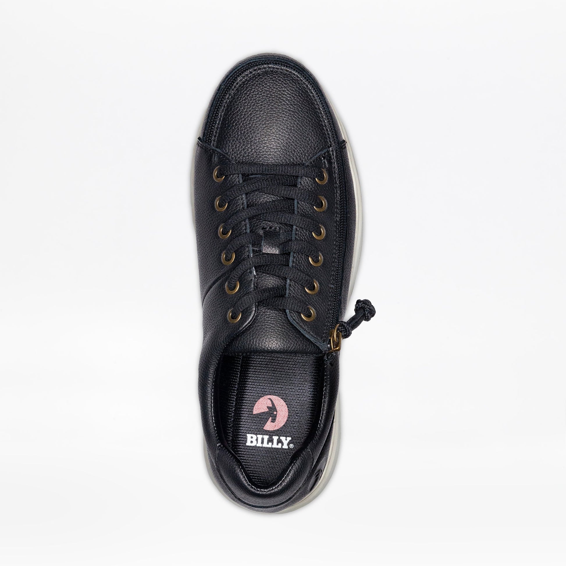 Men's Black Leather BILLY Comfort Low shoe with wraparound zipper for easy access, featuring a close-up of the shoe design and knot detail.
