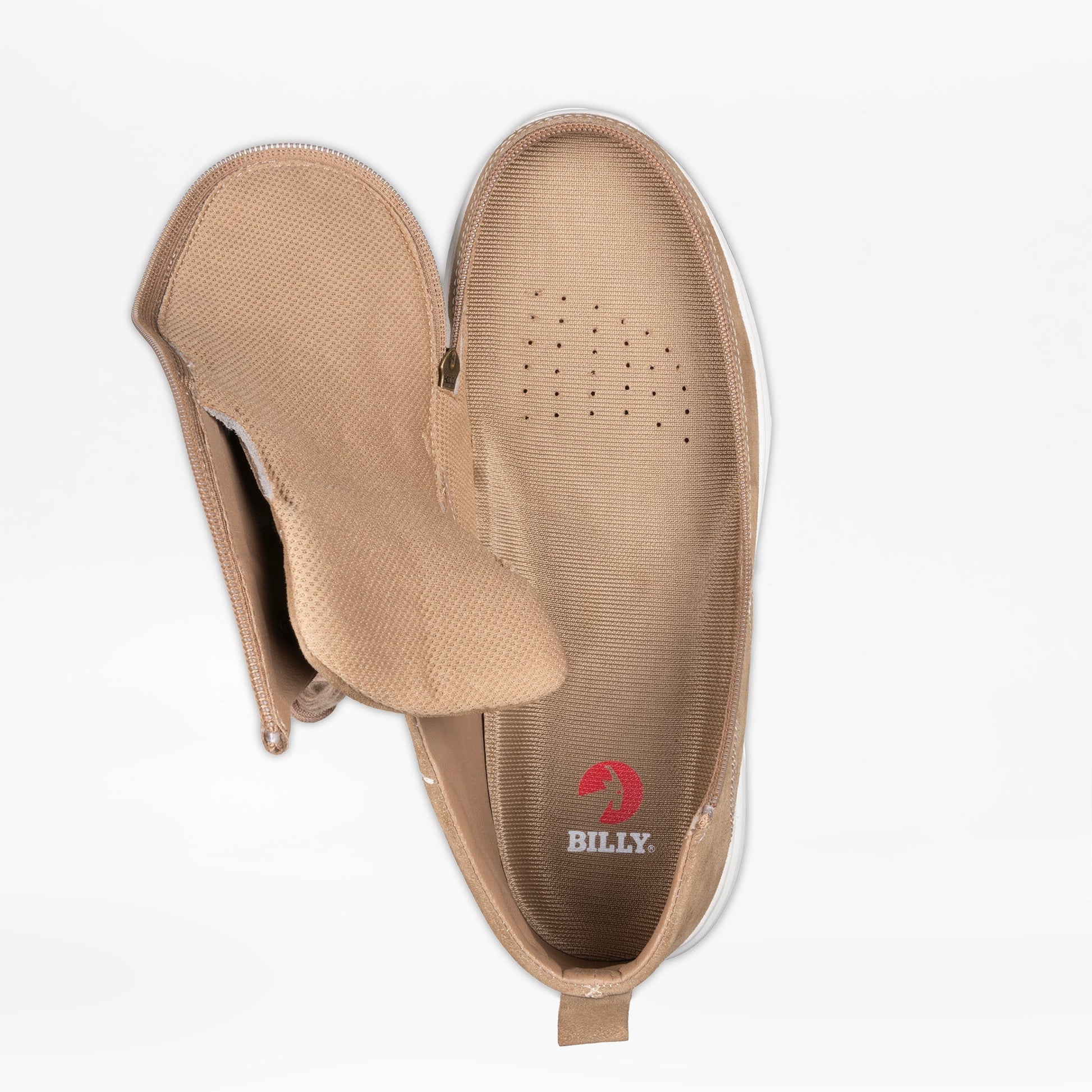Men's Sand Suede BILLY Comfort Chukka with wraparound zipper for easy wear, featuring visible zipper and logo details.