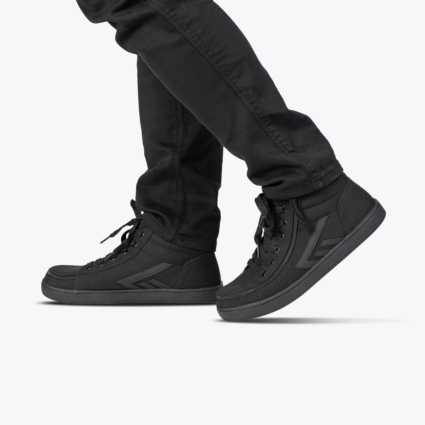 Men's Black to the Floor BILLY CS High Tops showcasing functional laces, removable insoles, and a wraparound zipper, designed for ease and style.