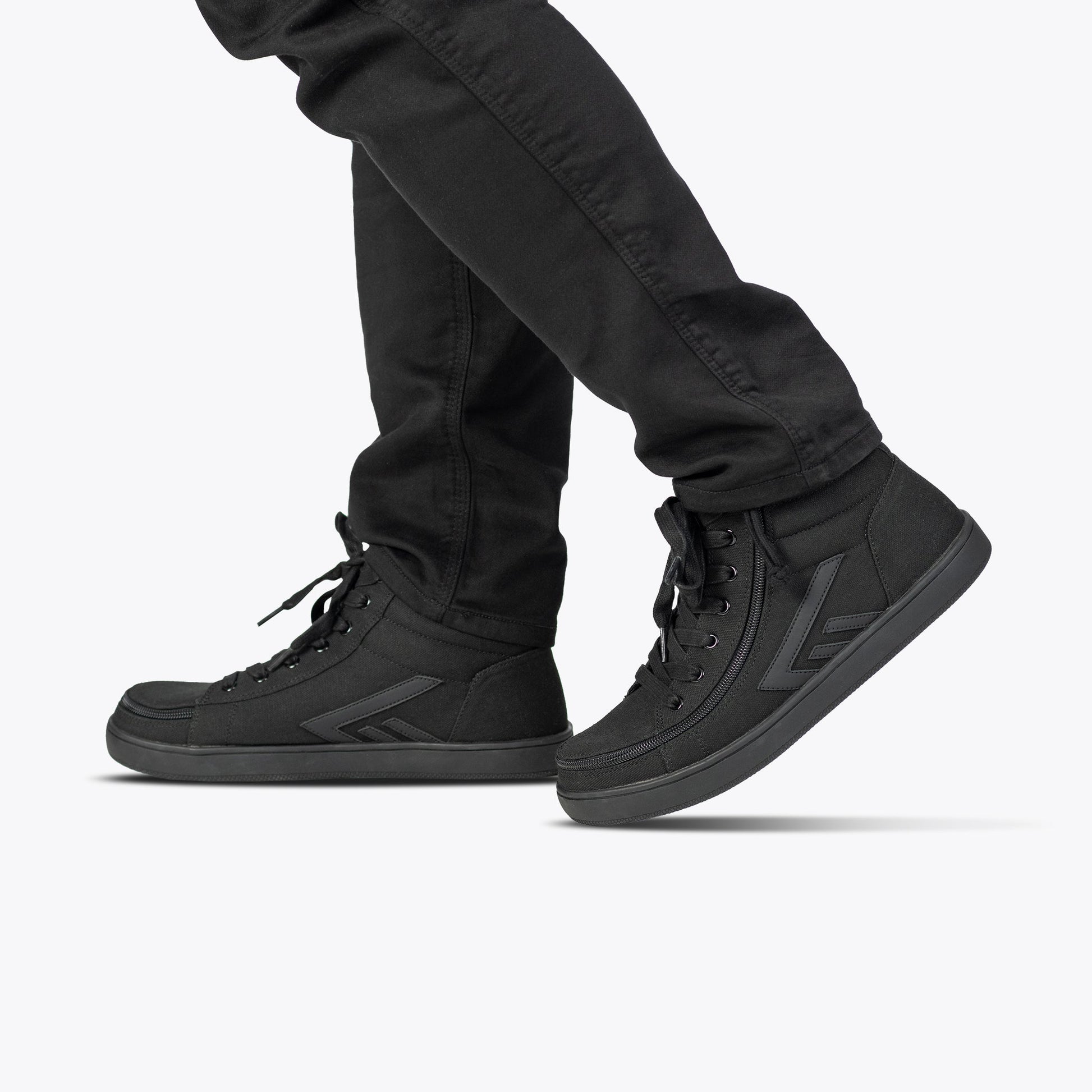 Men's Black to the Floor BILLY CS High Tops showcasing functional laces, removable insoles, and a wraparound zipper, designed for ease and style.