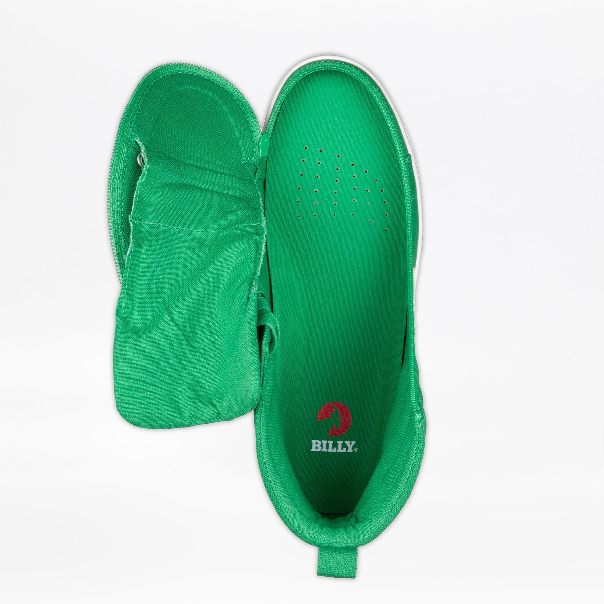 Men's Green/White BILLY CS High Tops with white soles feature a red logo, functional laces, and a convenient wraparound zipper for easy access.