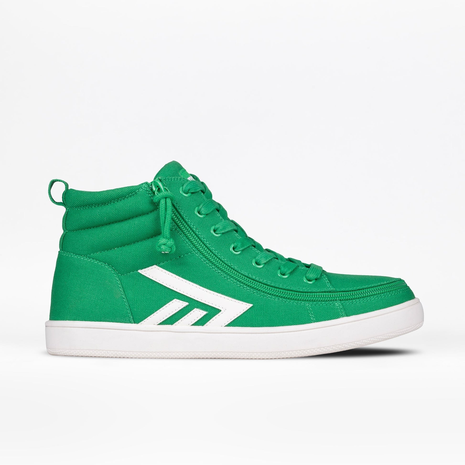 Men's Green/White BILLY CS High Tops showcasing a sleek skate-inspired design, featuring functional laces, removable insoles, and a convenient wraparound zipper for easy access.