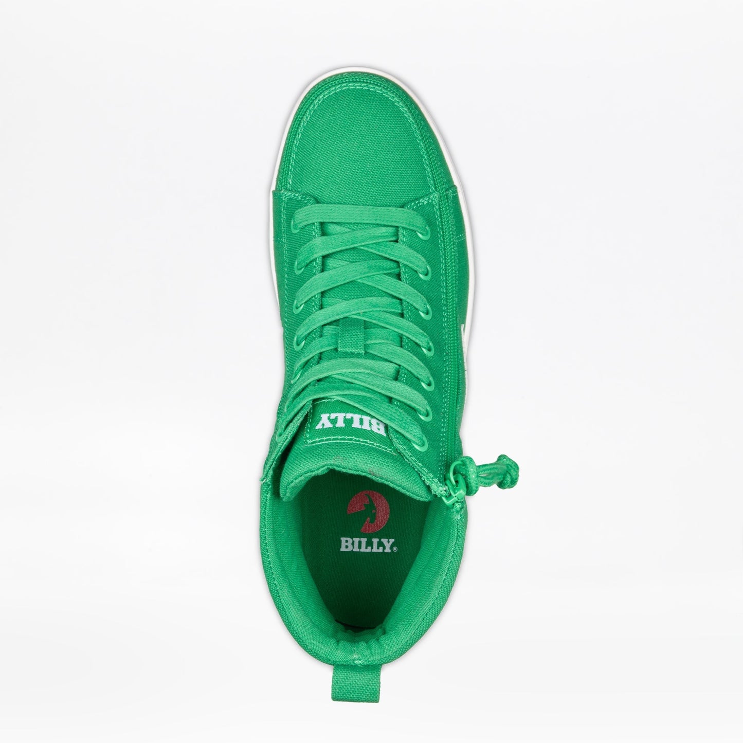 Men's Green/White BILLY CS High Tops feature a white sole, functional laces, wraparound zipper, and removable insoles for style and convenience.