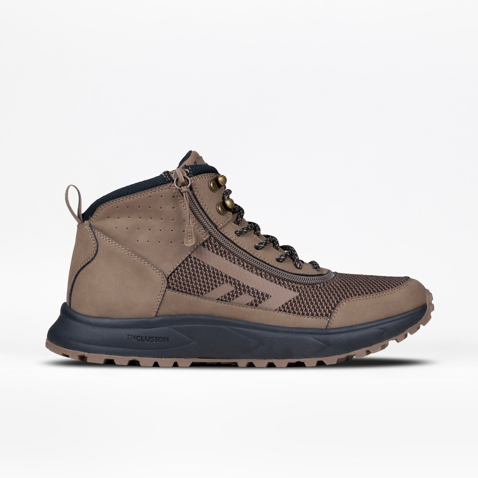 Men's Taupe BILLY Inclusion Trail Boot featuring a padded collar, comfortable insole, and accessible short-wrap zipper for easy wear.