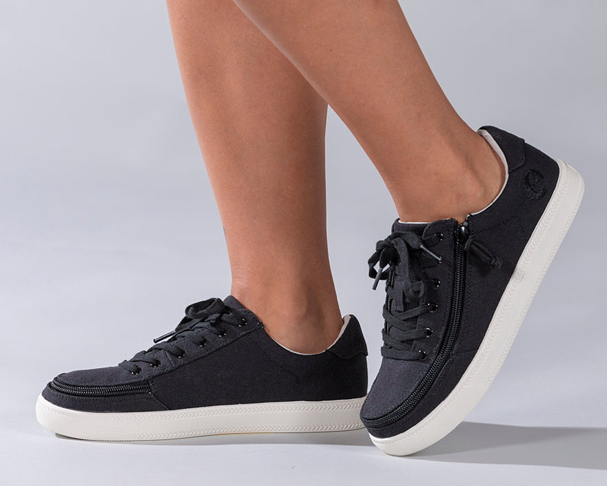Women's Black BILLY Classic Lace Lows, zipper shoes, like velcro, that are adaptive, accessible, inclusive and use universal design to accommodate an afo. Footwear is medium and wide width, M, D and EEE, are comfortable, and come in toddler, kids, mens, and womens sizing.