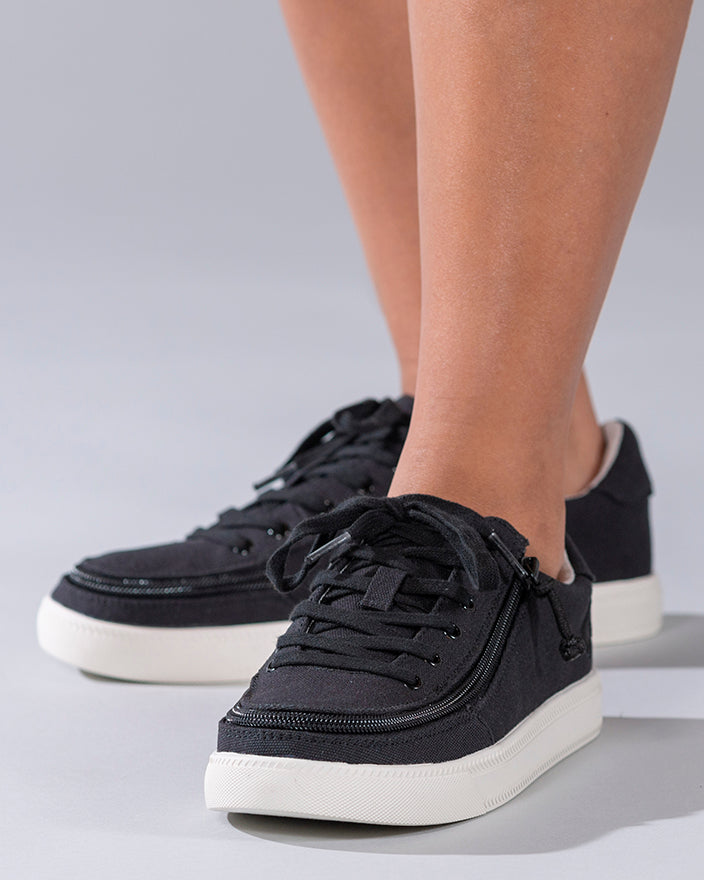 Women's Black BILLY Classic Lace Lows, zipper shoes, like velcro, that are adaptive, accessible, inclusive and use universal design to accommodate an afo. Footwear is medium and wide width, M, D and EEE, are comfortable, and come in toddler, kids, mens, and womens sizing.
