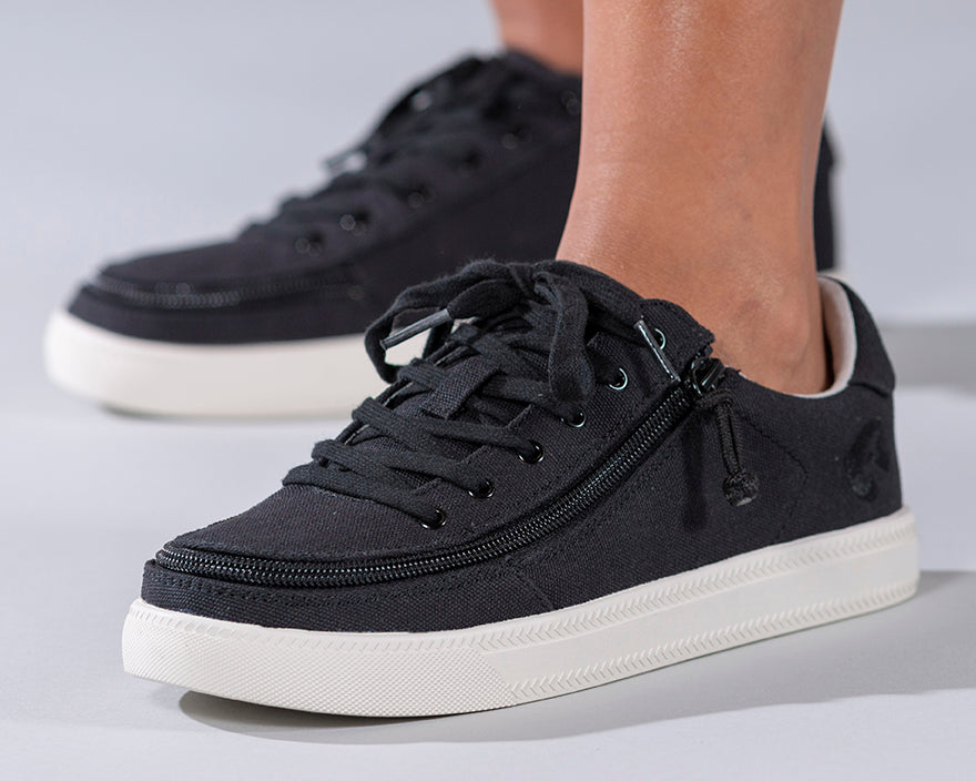 Women's Black BILLY Classic Lace Lows, zipper shoes, like velcro, that are adaptive, accessible, inclusive and use universal design to accommodate an afo. Footwear is medium and wide width, M, D and EEE, are comfortable, and come in toddler, kids, mens, and womens sizing.