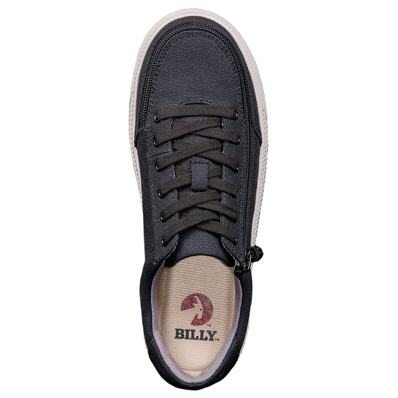 Women's Black BILLY Classic Lace Lows, zipper shoes, like velcro, that are adaptive, accessible, inclusive and use universal design to accommodate an afo. Footwear is medium and wide width, M, D and EEE, are comfortable, and come in toddler, kids, mens, and womens sizing.