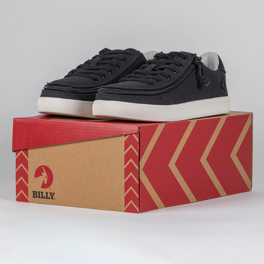 Women's Black BILLY Classic Lace Lows, zipper shoes, like velcro, that are adaptive, accessible, inclusive and use universal design to accommodate an afo. Footwear is medium and wide width, M, D and EEE, are comfortable, and come in toddler, kids, mens, and womens sizing.
