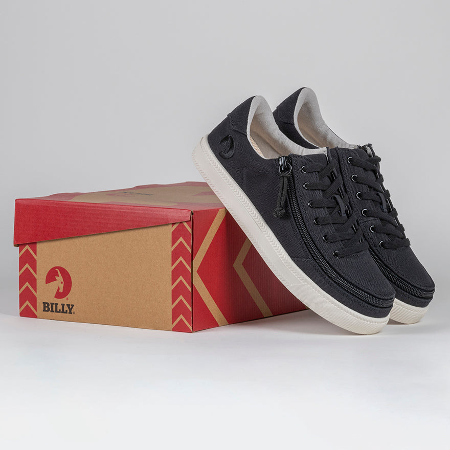 Women's Black BILLY Classic Lace Lows, zipper shoes, like velcro, that are adaptive, accessible, inclusive and use universal design to accommodate an afo. Footwear is medium and wide width, M, D and EEE, are comfortable, and come in toddler, kids, mens, and womens sizing.