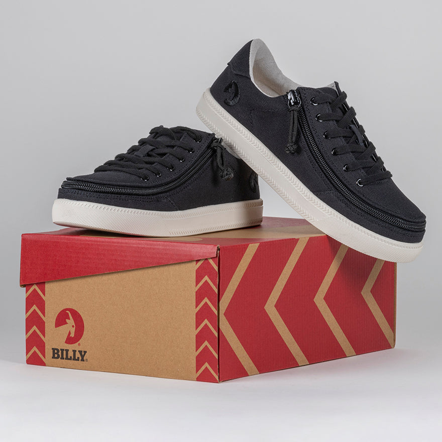 Women's Black BILLY Classic Lace Lows, zipper shoes, like velcro, that are adaptive, accessible, inclusive and use universal design to accommodate an afo. Footwear is medium and wide width, M, D and EEE, are comfortable, and come in toddler, kids, mens, and womens sizing.