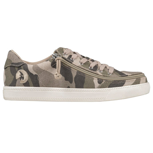 Women's Natural Camo BILLY Classic Lace Lows, featuring camouflage print, white sole, adjustable cotton-blend laces, and removable insoles. Ideal for comfortable, stylish walking.