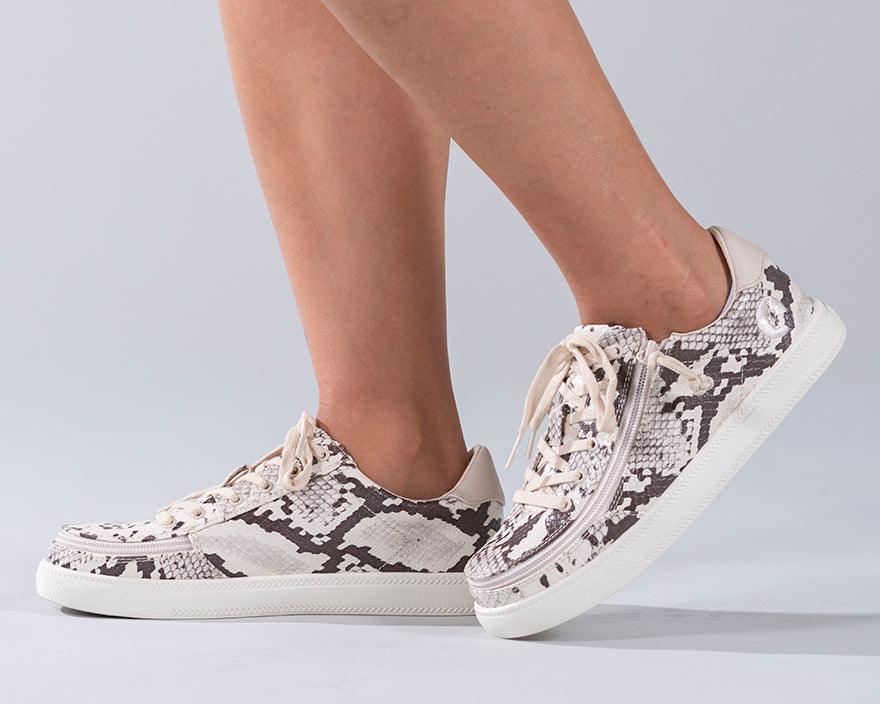 Women's Snake BILLY Classic Lace Lows, zipper shoes, like velcro, that are adaptive, accessible, inclusive and use universal design to accommodate an afo. Footwear is medium and wide width, M, D and EEE, are comfortable, and come in toddler, kids, mens, and womens sizing.