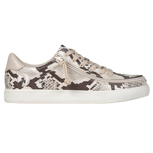 Women's Snake BILLY Classic Lace Lows, zipper shoes, like velcro, that are adaptive, accessible, inclusive and use universal design to accommodate an afo. Footwear is medium and wide width, M, D and EEE, are comfortable, and come in toddler, kids, mens, and womens sizing.