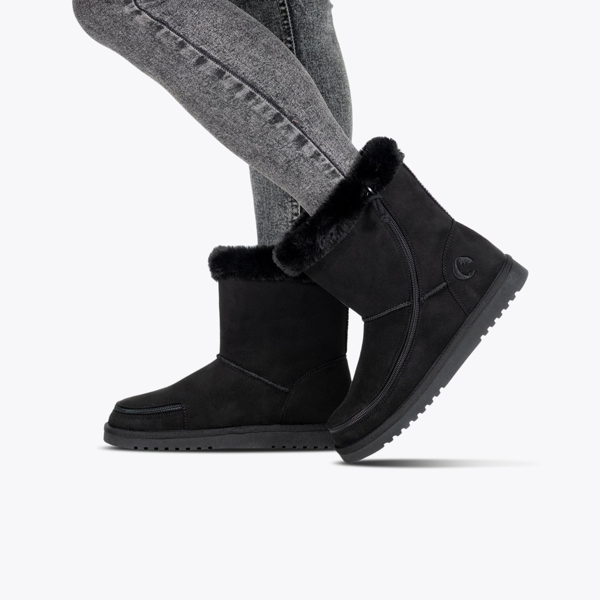 Women's Black BILLY Cozy II zipper boots with flannel lining, offering comfort and accessibility with easy on-off design, ideal for cold weather.