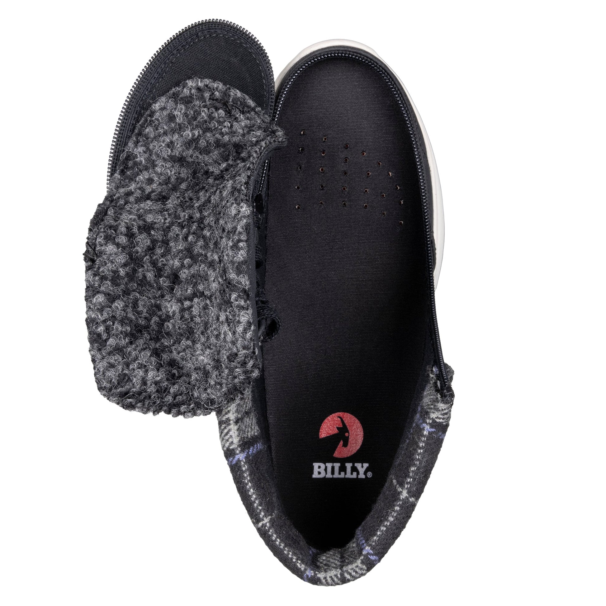 Women's Black BILLY Comfort Cuff high top slipper featuring a wraparound zipper, functional laces, and a fur collar for added comfort.
