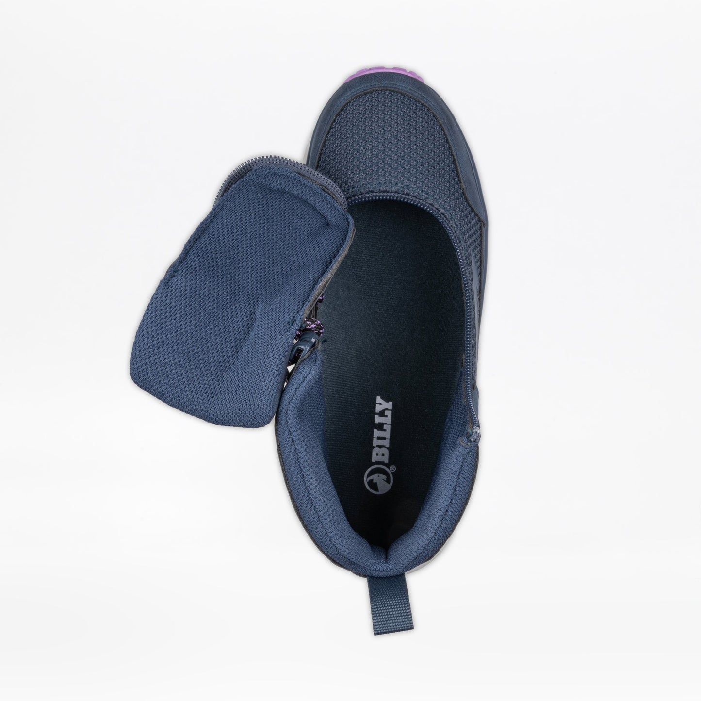 Women's Navy/Purple BILLY Inclusion Trail Boot featuring a pink sole, innovative short-wrap zipper, and padded collar for easy wear and all-day comfort.