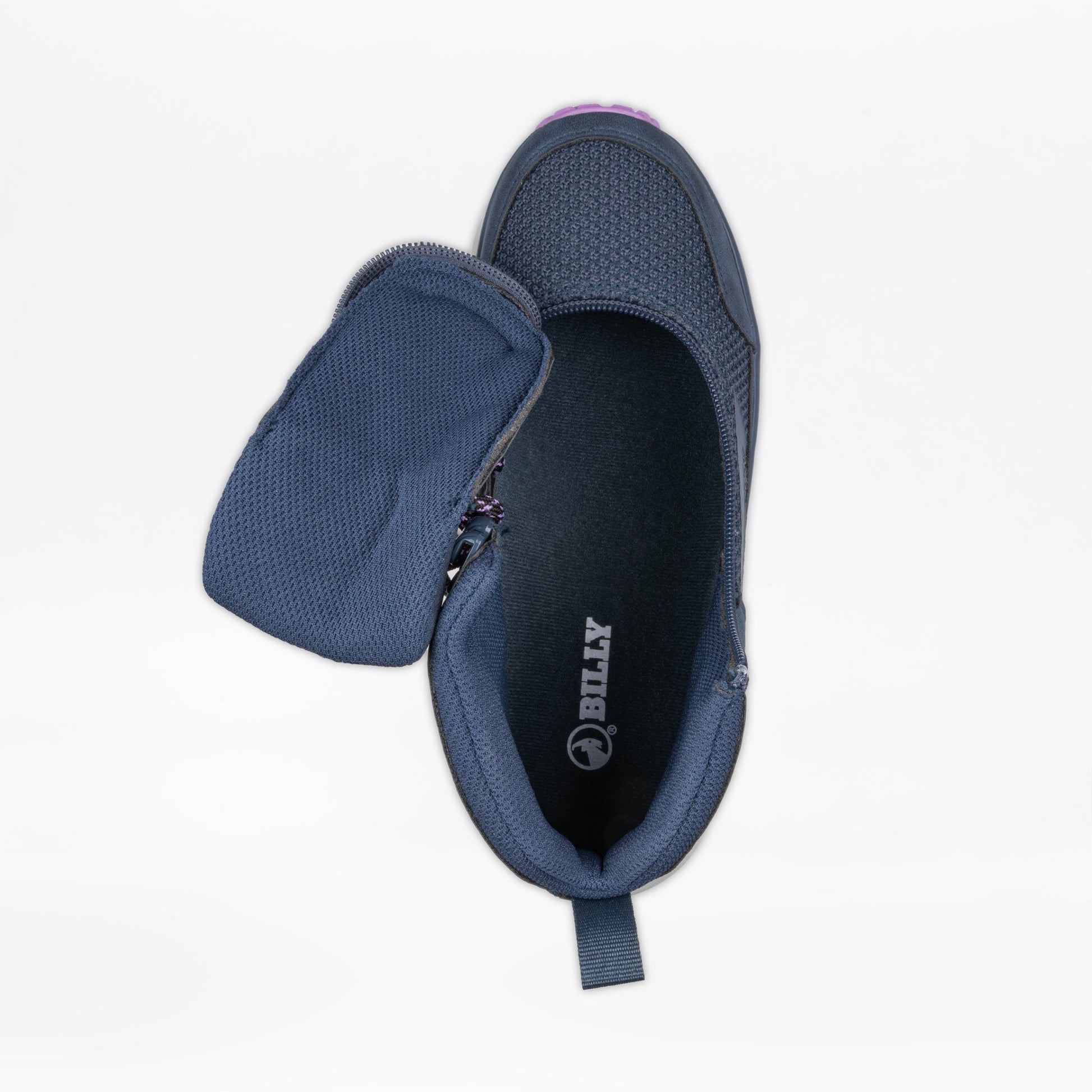 Women's Navy/Purple BILLY Inclusion Trail Boot featuring a pink sole, innovative short-wrap zipper, and padded collar for easy wear and all-day comfort.