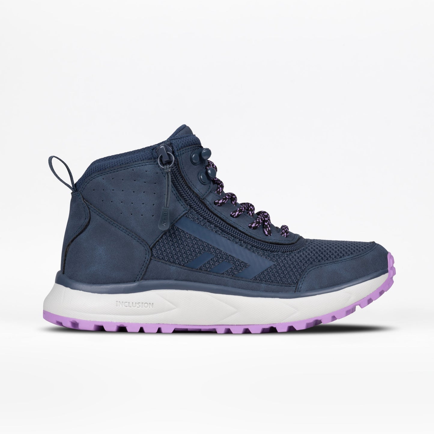 Women's Navy/Purple BILLY Inclusion Trail Boot with padded collar and innovative zipper for easy wear. Close-up of sneaker design highlights comfort and accessibility features.