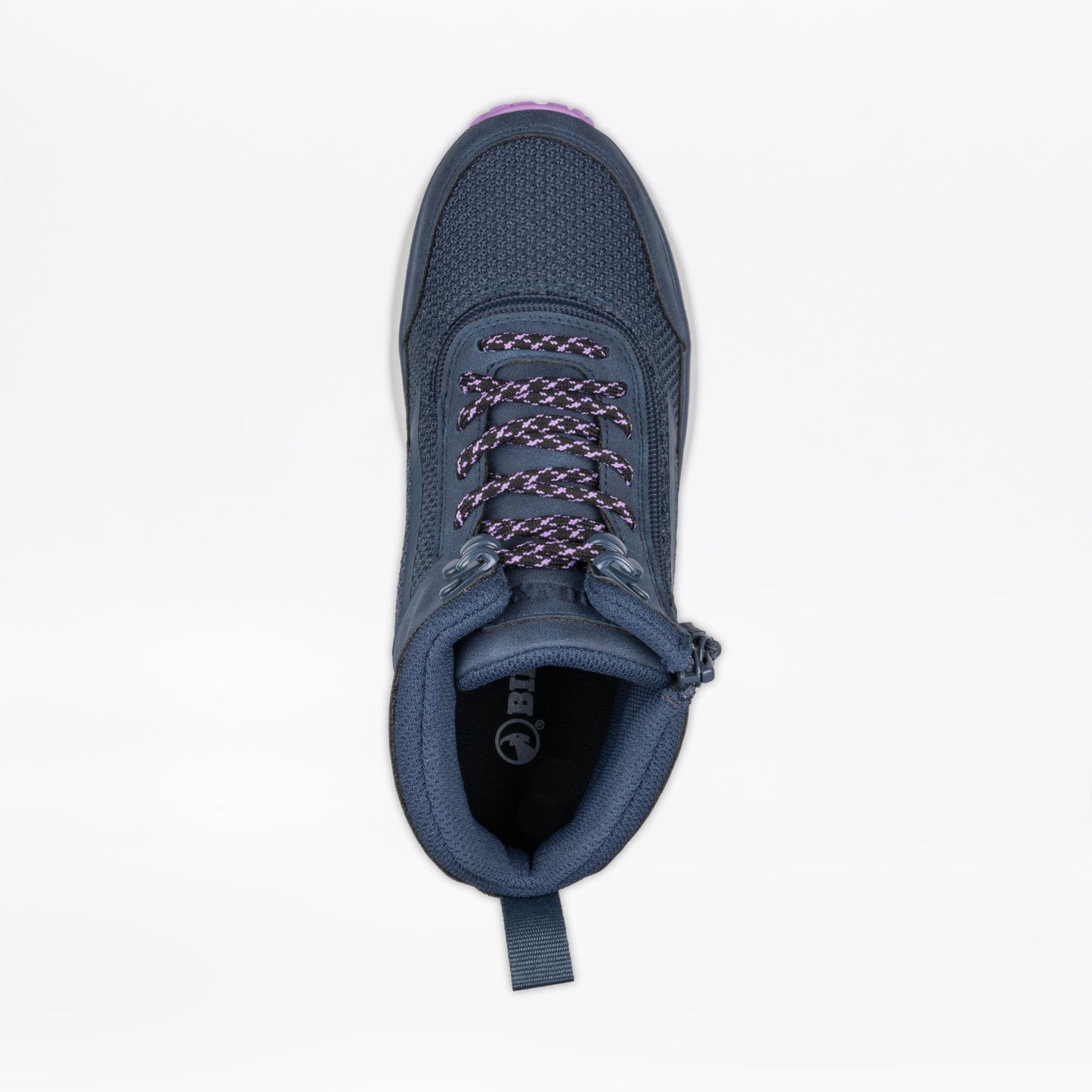 Close-up of Women's Navy/Purple BILLY Inclusion Trail Boot with padded collar and short-wrap zipper for easy wear.