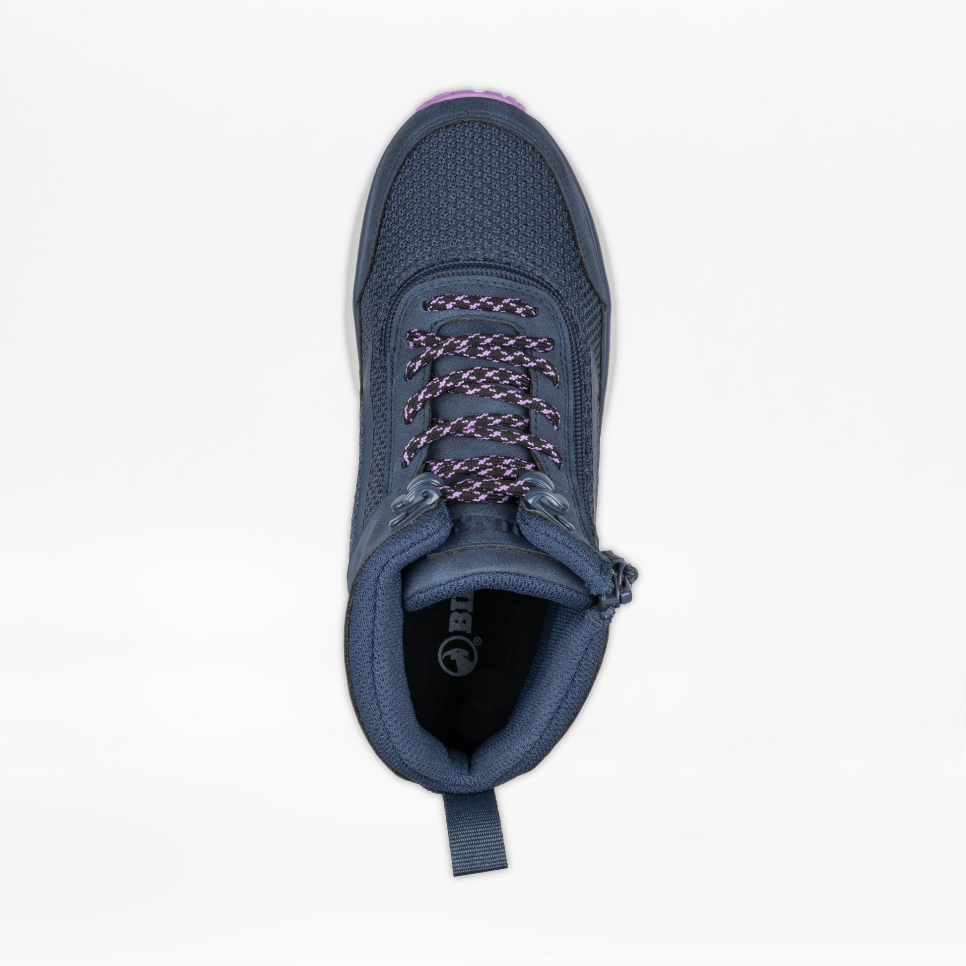 Close-up of Women's Navy/Purple BILLY Inclusion Trail Boot with padded collar and short-wrap zipper for easy wear.