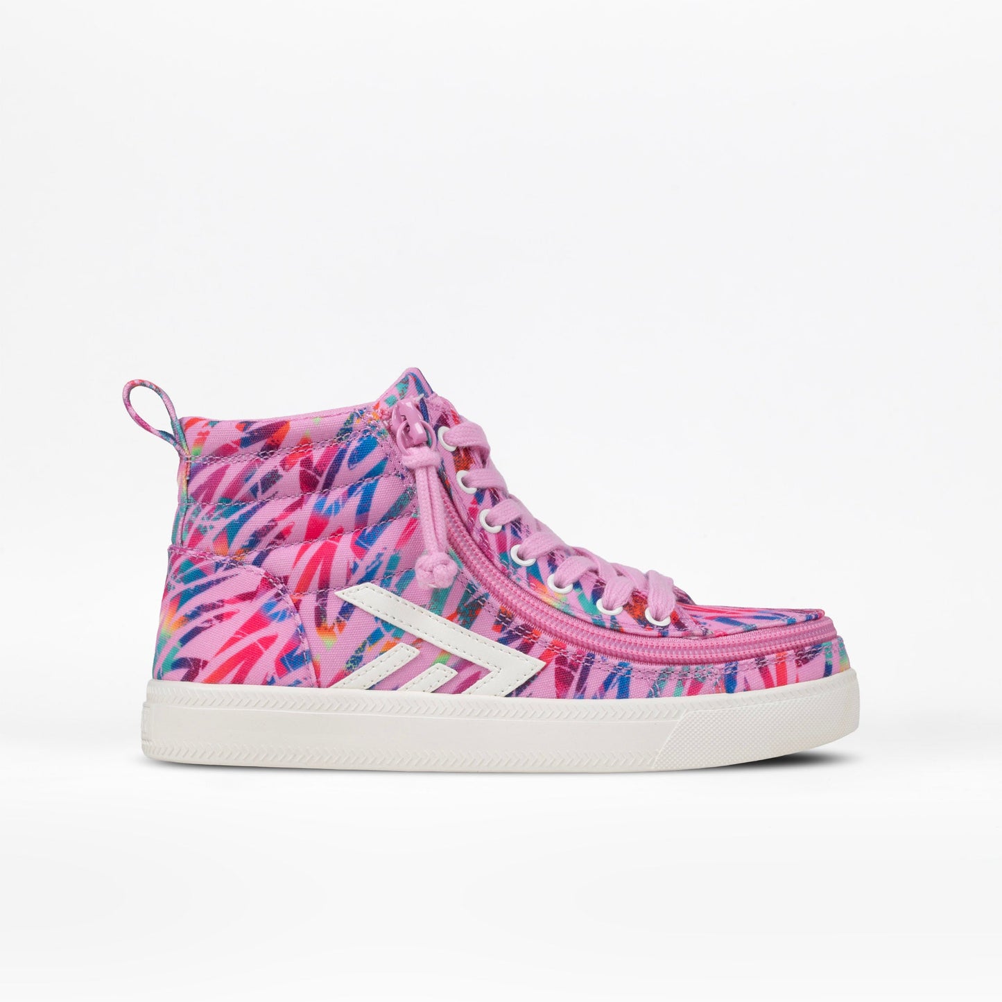 A high-top sneaker featuring a vibrant pink, blue, and red abstract brushstroke pattern, with a white side stripe, pink laces, and a white rubber sole, shown against a plain white background.