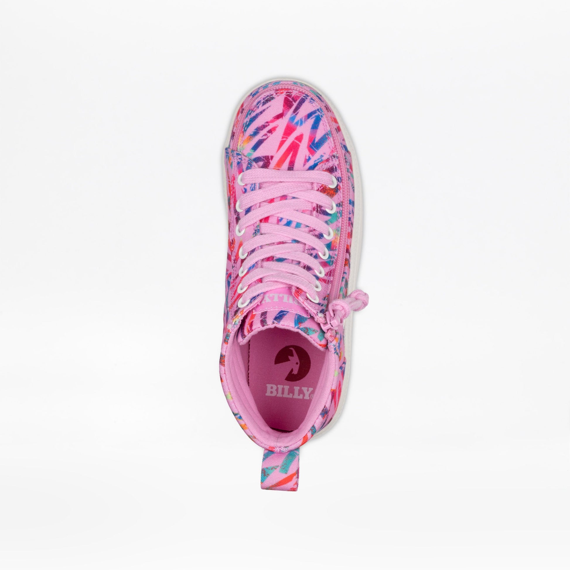 A single children's high-top sneaker shown from a top-down view on a clean white background. The shoe features a vibrant pink base with a multicolor abstract pattern in blue, purple, and red across the upper, pink laces, and a pink pull tab.