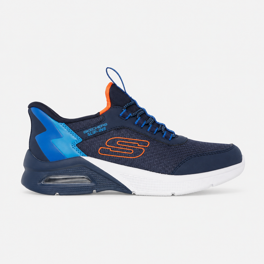 Navy and blue sneaker with orange accents on a light gray background