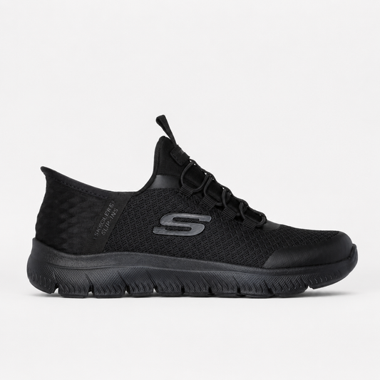 Black sneaker with unique sole design on a light gray background