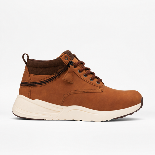 Brown leather sneaker with white sole on a light gray background
