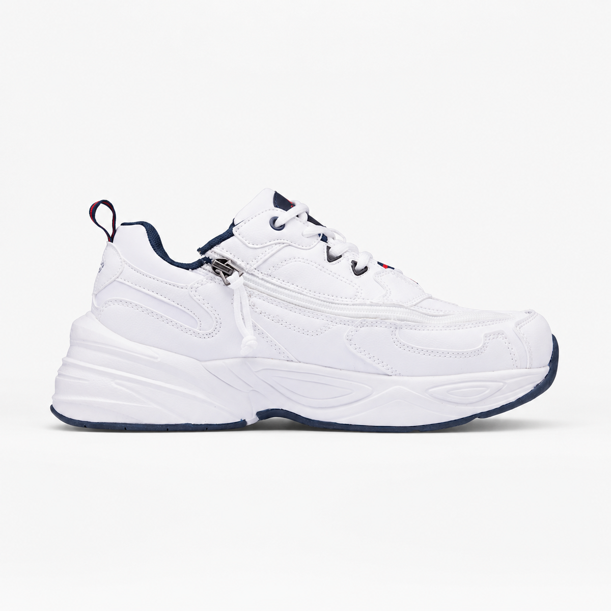 White sneaker with blue accents on a white background