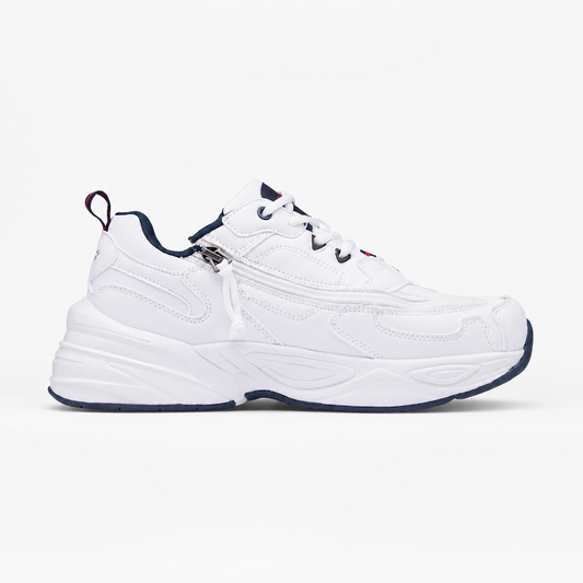 White sneaker with blue accents on a white background