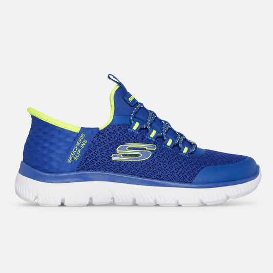 Blue sneaker with neon yellow accents on a light gray background