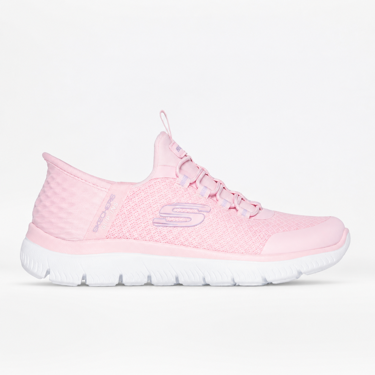 Pink sneaker with white sole on a light gray background