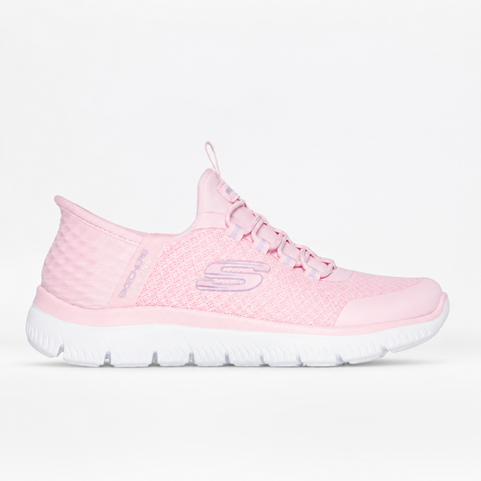 Pink sneaker with white sole on a light gray background