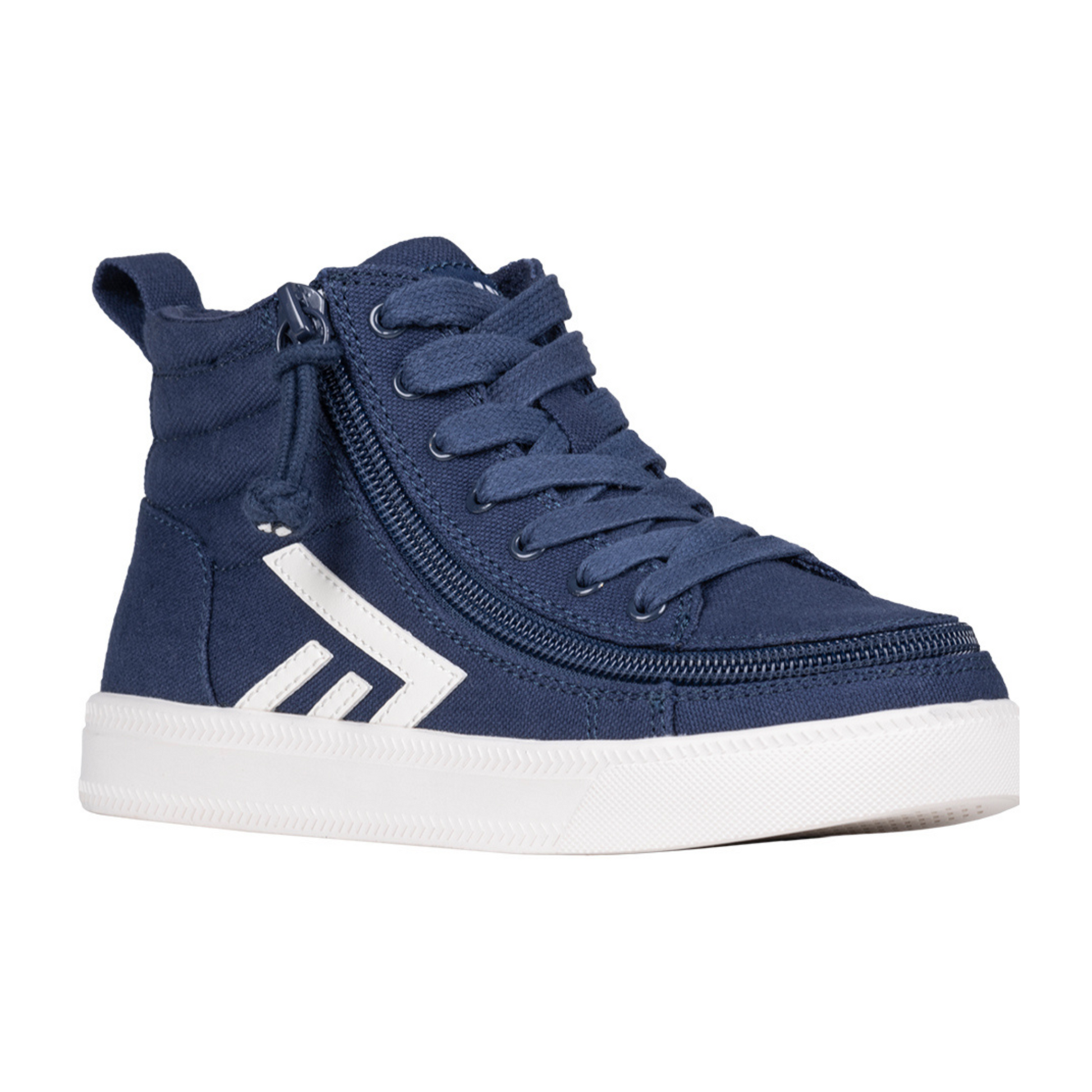 Kids - Navy/White BILLY CS Sneaker High Tops feature a high-top design with blue laces, side zipper, white rubber sole, and chevron stripe detail.