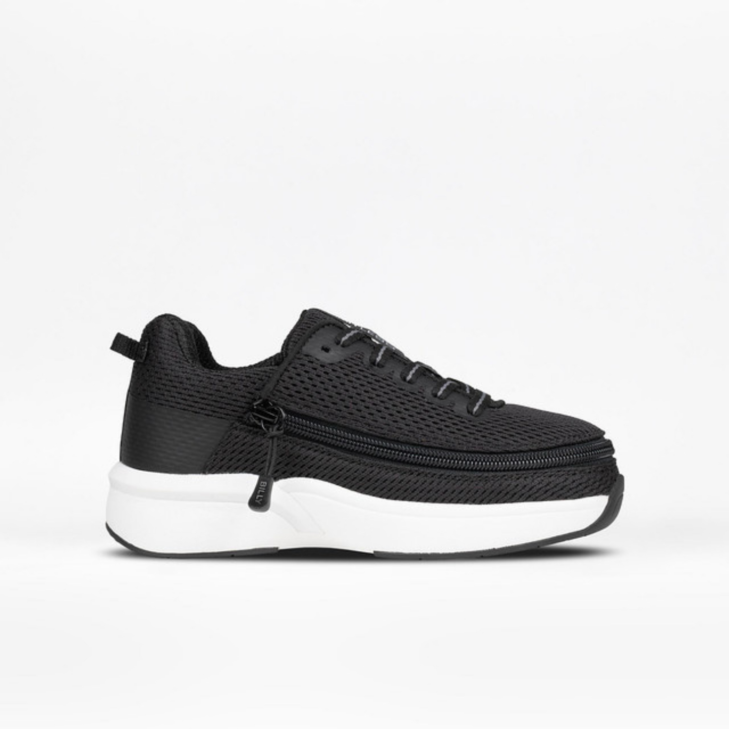 Black BILLY Limitless Low Top Shoes with FlipTop Technology, featuring wrap-around zipper, cushioned inserts, and a modern finish for adaptive, sensory-friendly wear.
