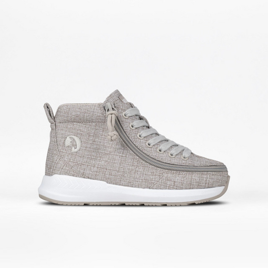 Kids' Goat High Top Sport Grey Jersey walking shoe, featuring a wrap-around zipper for easy access and AFO-friendly design, ideal for children with mobility needs.