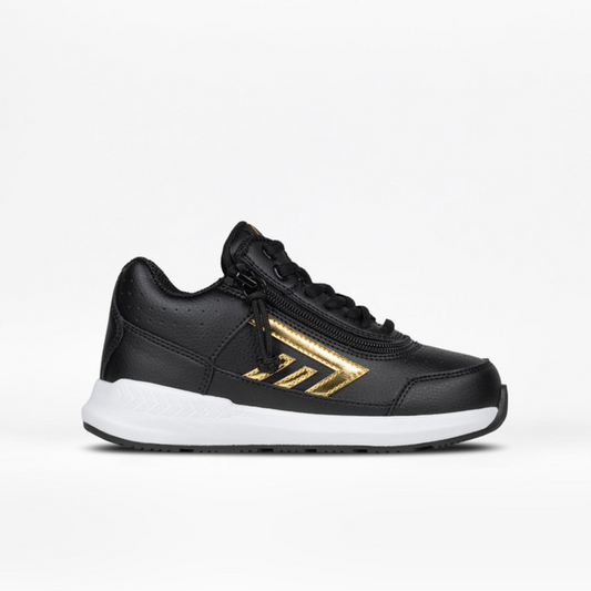 Billy Footwear (Kids) - Goat Hoop Black/Gold shoe featuring a high-top design with a wrap-around zipper for easy access, adaptable for AFO use.