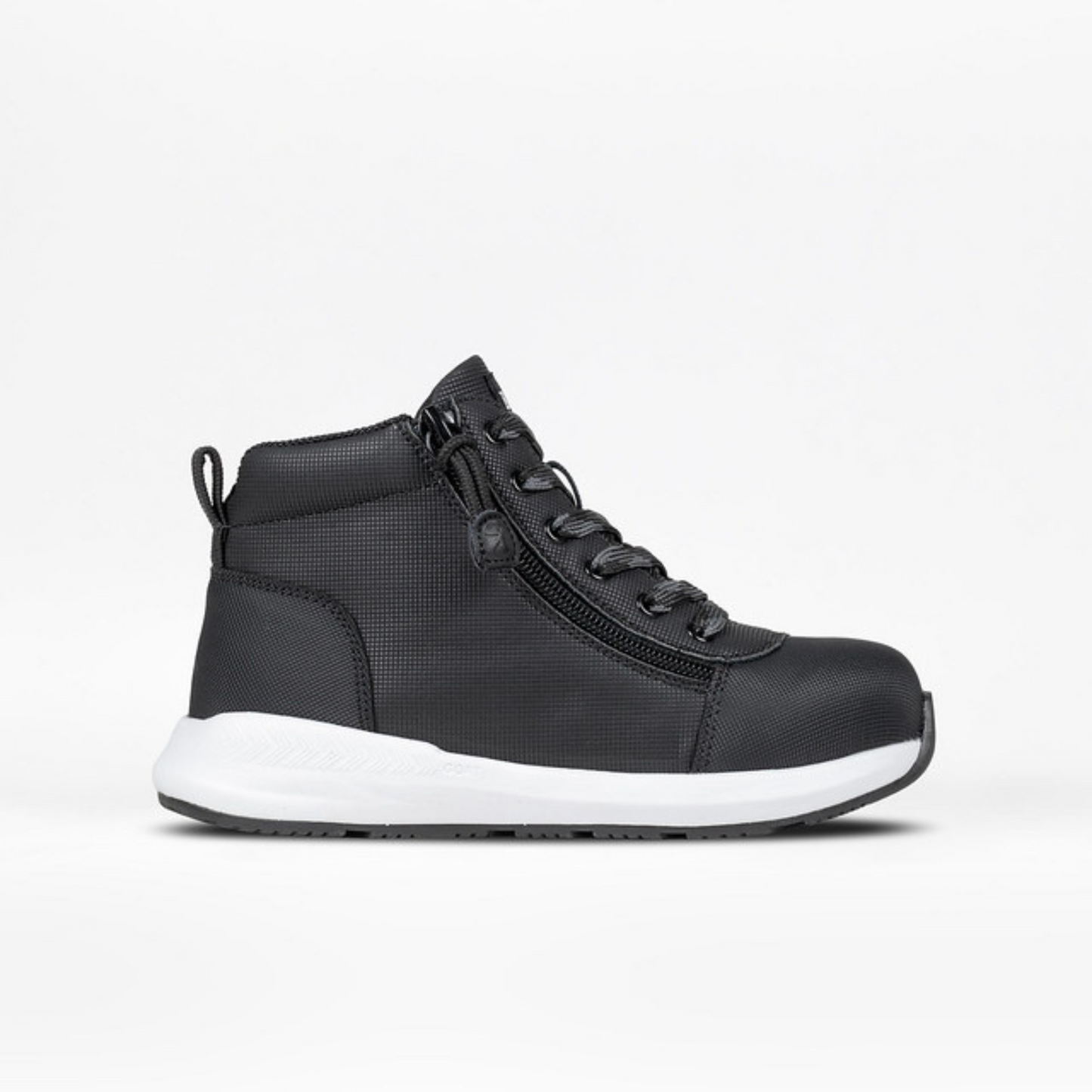 Toddler - Rugged Black BILLY Goat DZ High shoe with faux leather upper, white sole, and two side zippers for easy access.