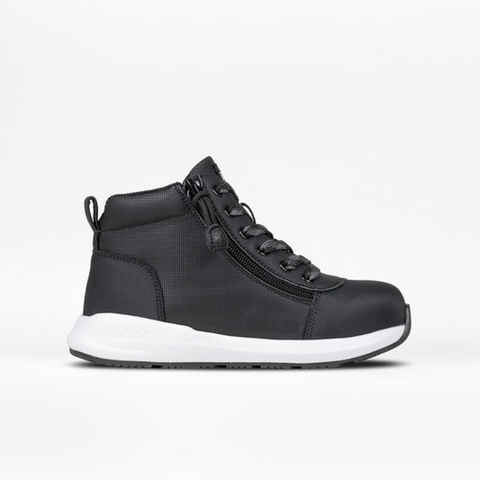 Toddler - Rugged Black BILLY Goat DZ High shoe with faux leather upper, white sole, and two side zippers for easy access.