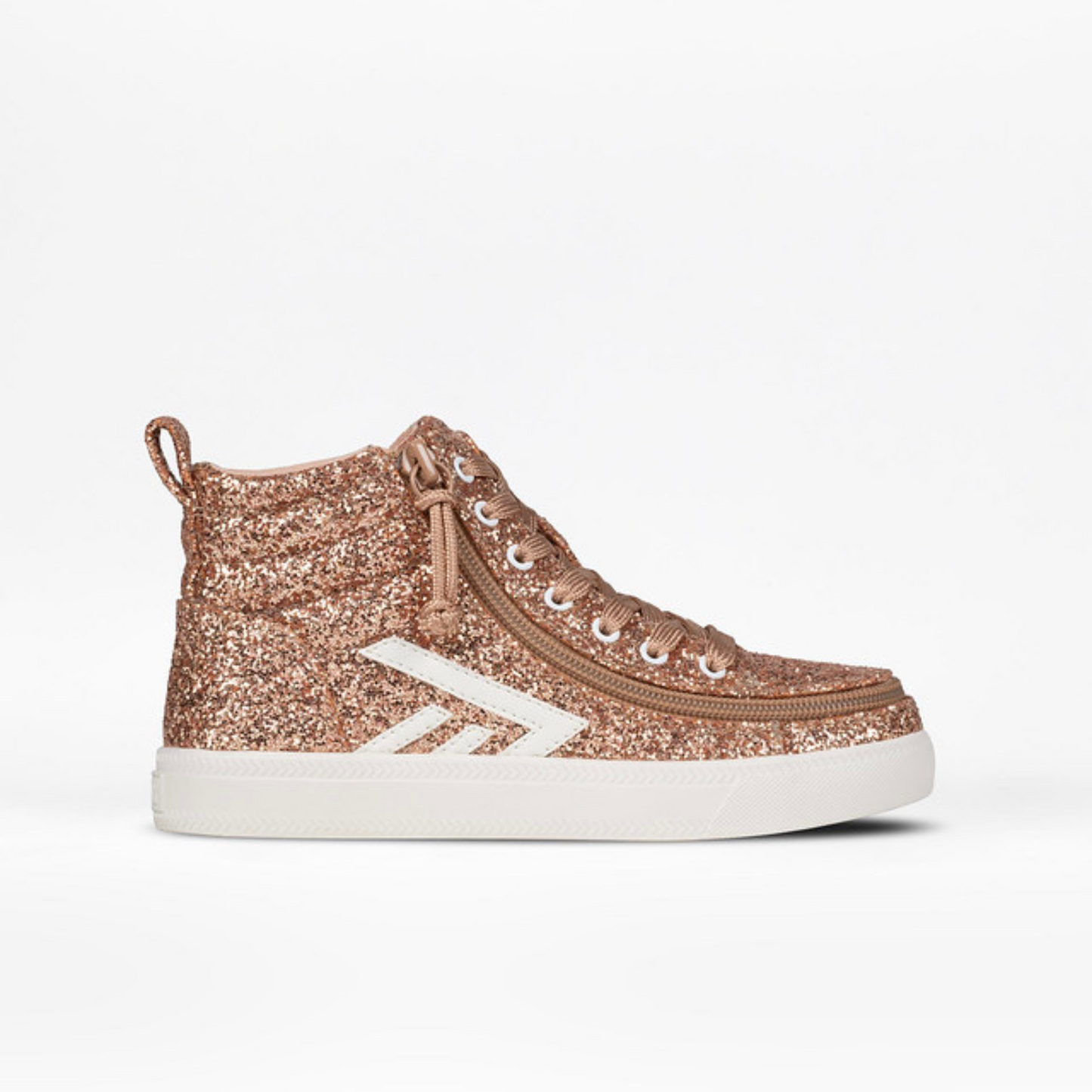 Billy Footwear Rose Gold Glitz CS Canvas Shoes, high tops with functional laces, wraparound zipper for easy wear, and removable insoles for comfort.