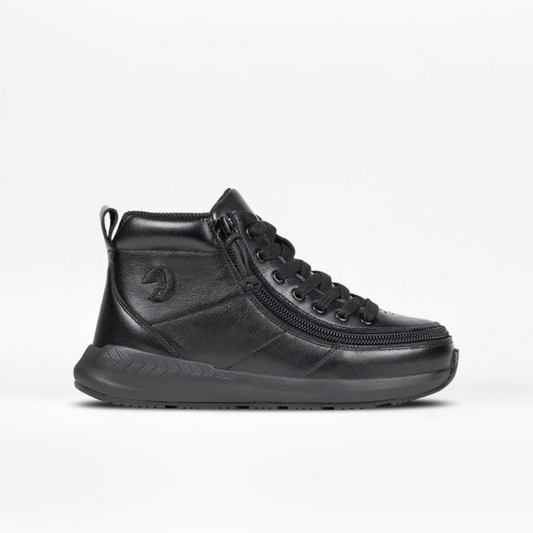 Billy Footwear (Kids) - Goat High Top Sport Black Leather features wrap-around zipper and laces, designed for easy wear and AFO compatibility.
