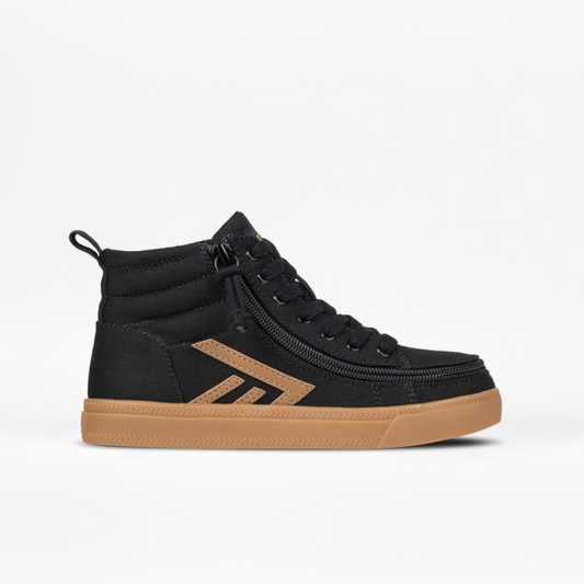 Billy Footwear Black/Gum CS Canvas Shoes, featuring a core-skate inspired design with functional laces, removable insoles, and a convenient wraparound zipper for easy wear.